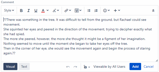 jira comment box in visual mode with no citation notation. the double question marks are displayed instead of the proper notation formatting.