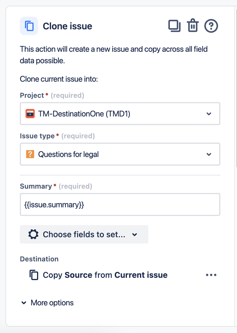 A Jira Clone Issue dialog box. The description states this action will create a new issue and copy all possible field data.