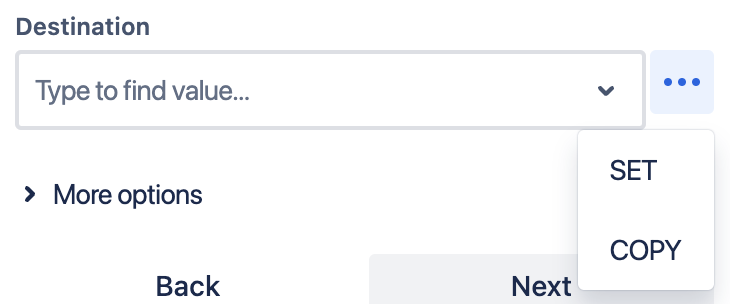 A screenshot of a data entry form with the title Destination. A search bar prompts the user to Type to find value... with a dropdown arrow. To the right are three dots indicating more options. Below the search bar is a link for More options. At the bottom are buttons for Back, Next, Set, and Copy.