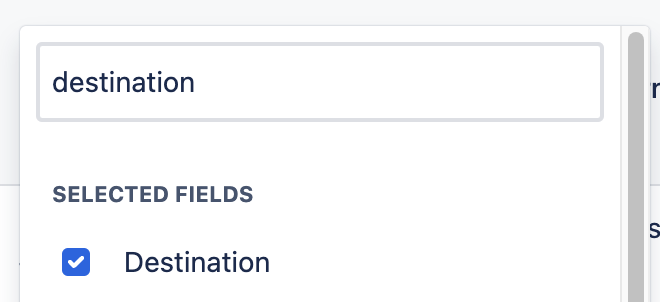 A screenshot of a field mapping interface. The destination field is selected, as indicated by a checked checkbox and the word Destination below it. Above, a text input field labeled destination is also visible