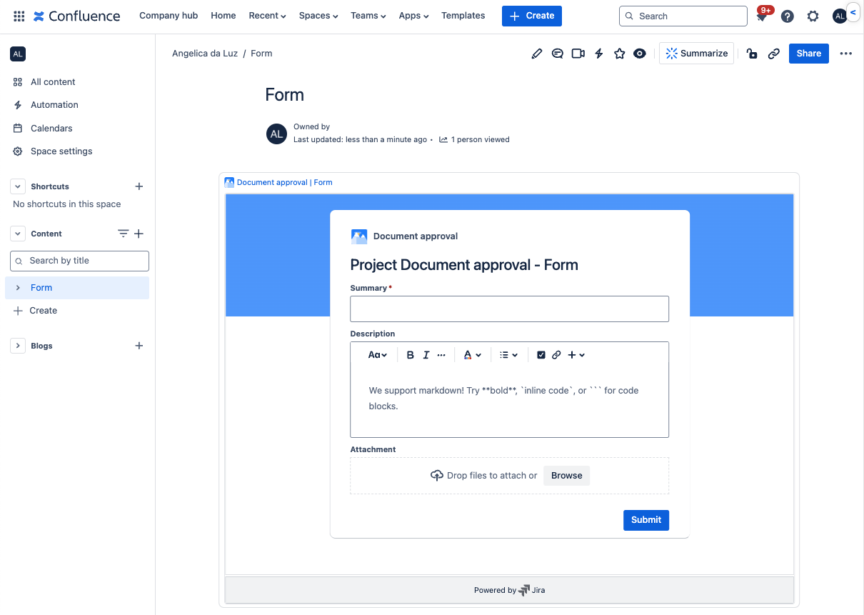 A screenshot of a Confluence page displaying a Form. The form includes fields for Summary, Description, and Attachments. The left sidebar shows the Confluence navigation menu with options like All content, Automation, Calendars, Space settings, Shortcuts, Content, Form, Create, and Blogs. The top menu bar displays standard Confluence controls including Create, Search, and Share buttons.