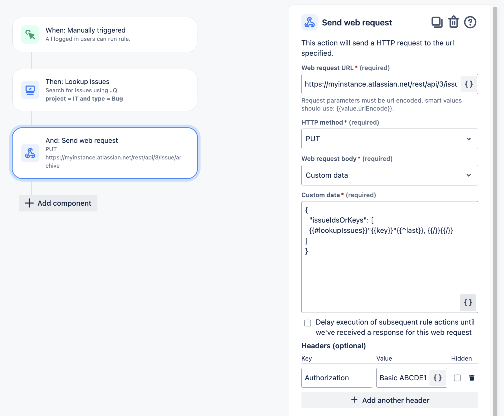 Screenshot of a web request configuration panel. It shows options for manually triggering the request, looking up issues using JQL, sending a PUT request to a specified URL with custom data in the body, and setting authorization headers.