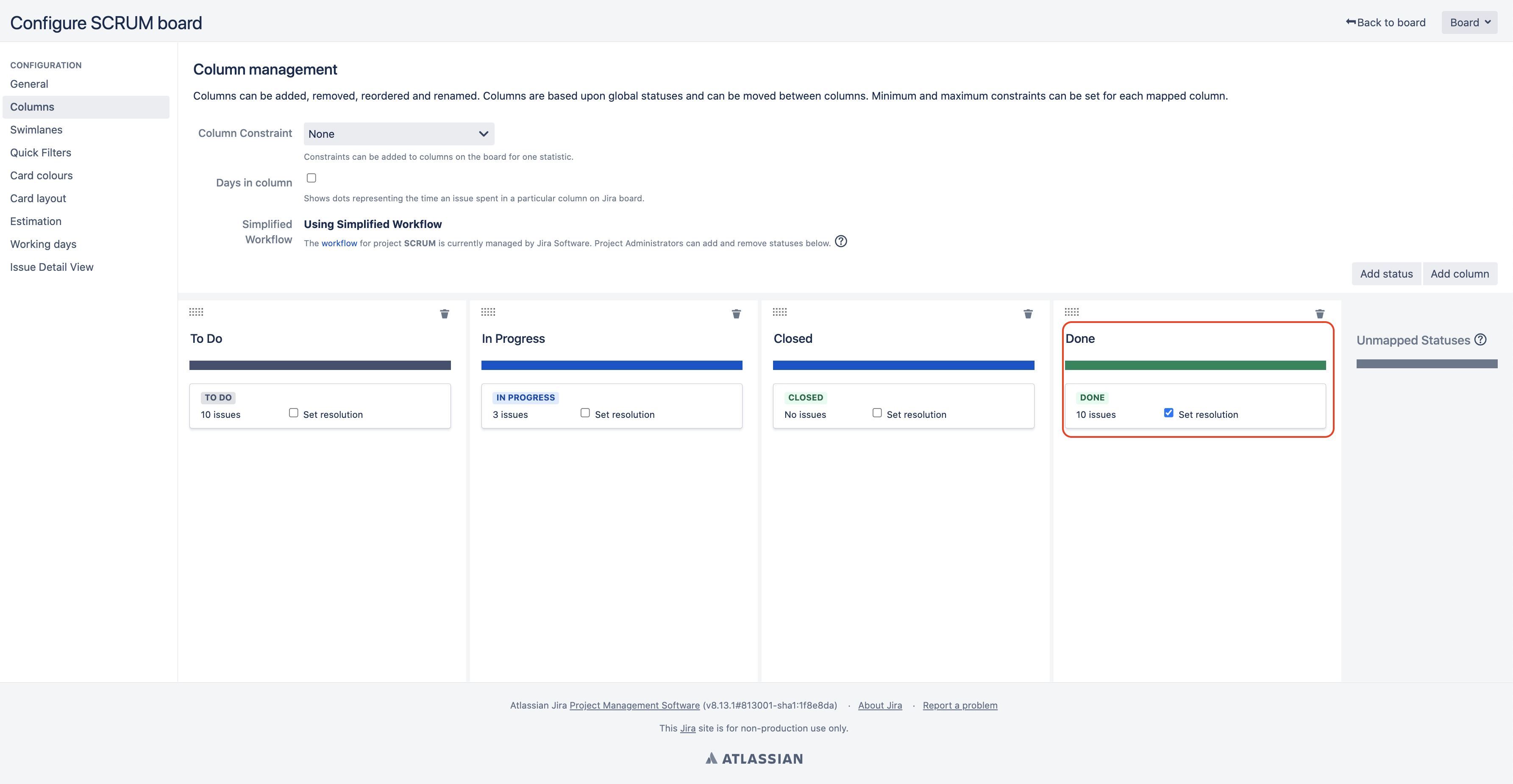 Done or Resolved issues appear in a scrum board backlog Jira