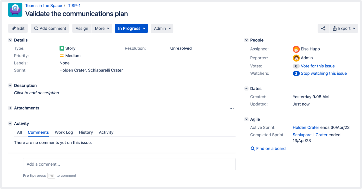 新しいスティッキー コメント フッター機能を持つ Jira 課題を開く