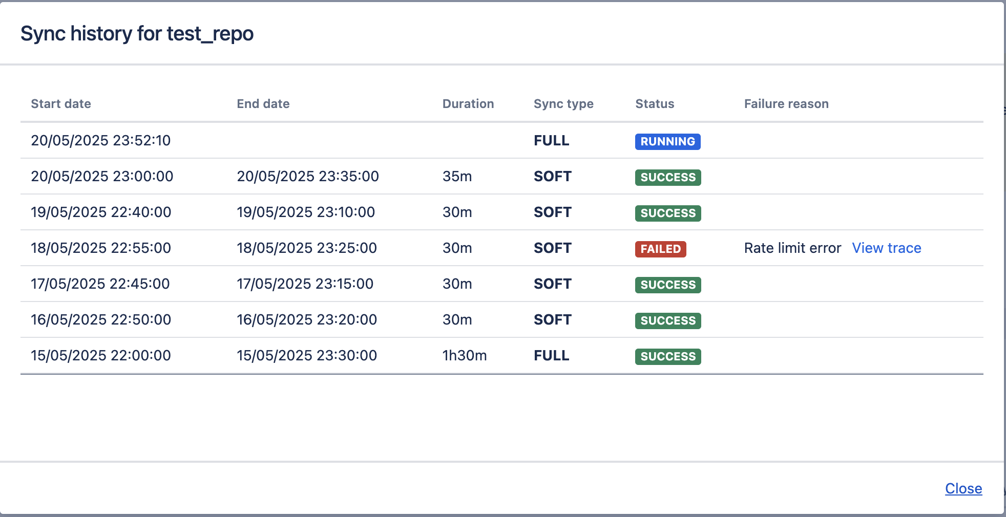 Sync history modal in DVCS