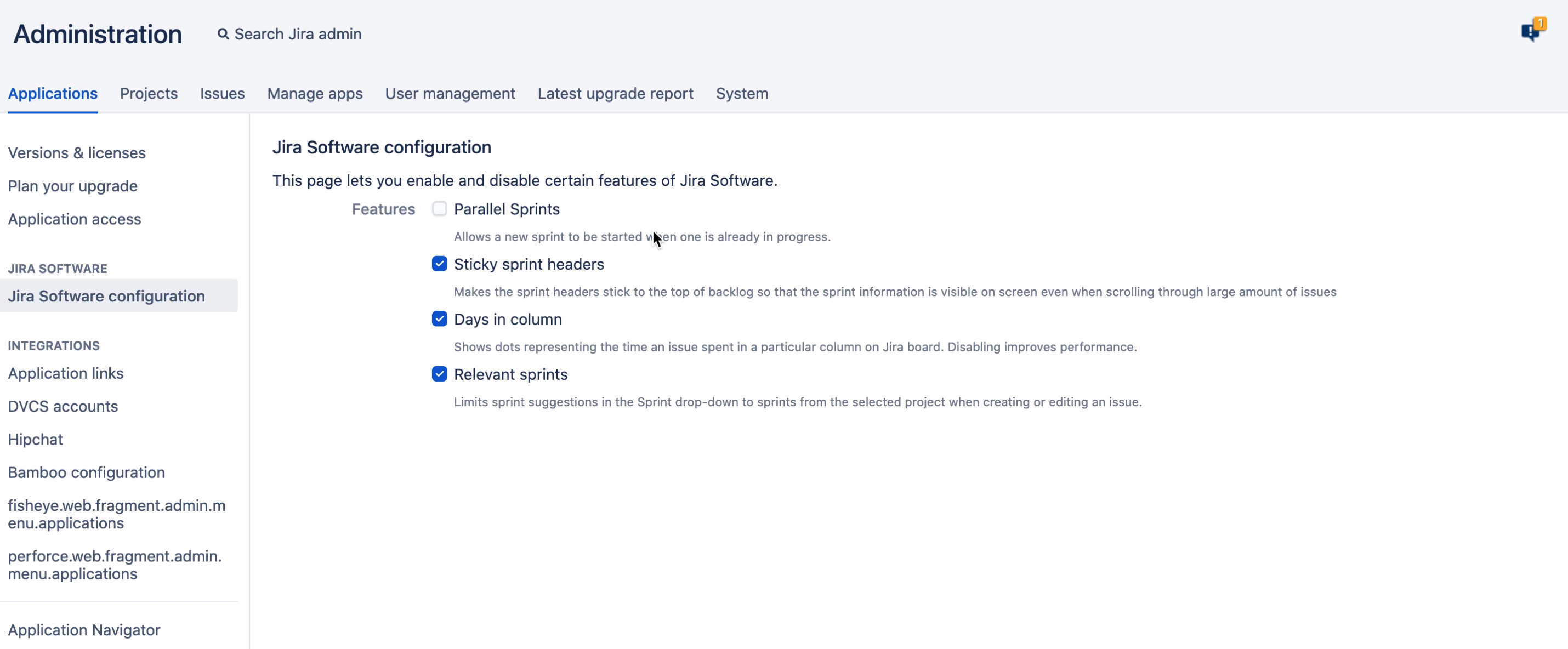 Jira Software configuration in the administration console.