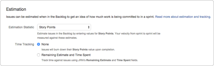 Estimation section. Estimation statistic is set to Story point, and Time Tracking to None.