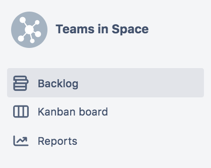 プロジェクト横断型ボードのプロジェクト サイドバー。項目は、バックログ、ボード、およびレポートのみです。