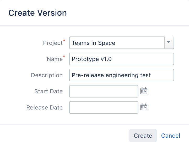 Create version dialog for the Teams in Space project. The version name is Prototype v1.0.