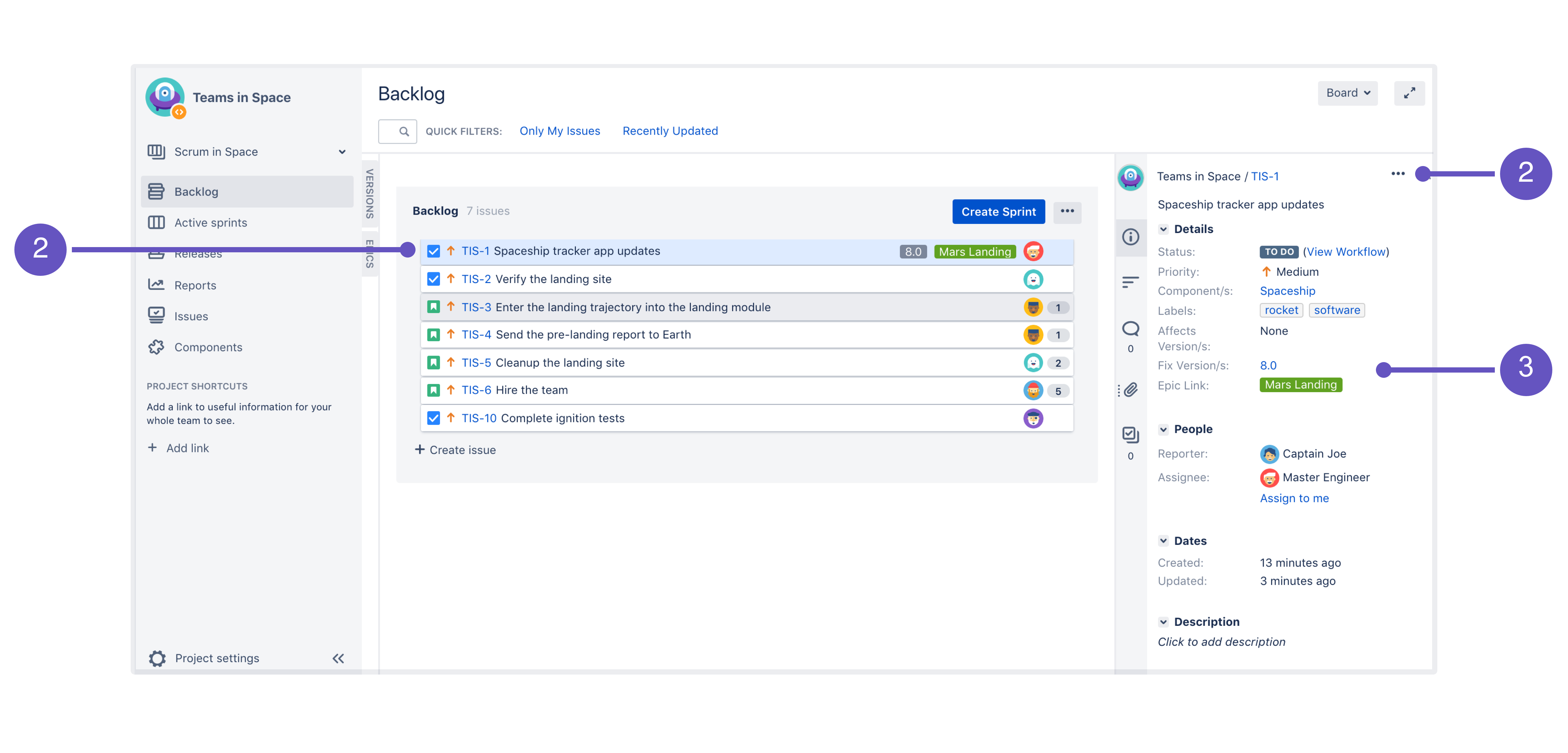 Jira バックログでの課題の表示。画像の下に注釈の説明があります。