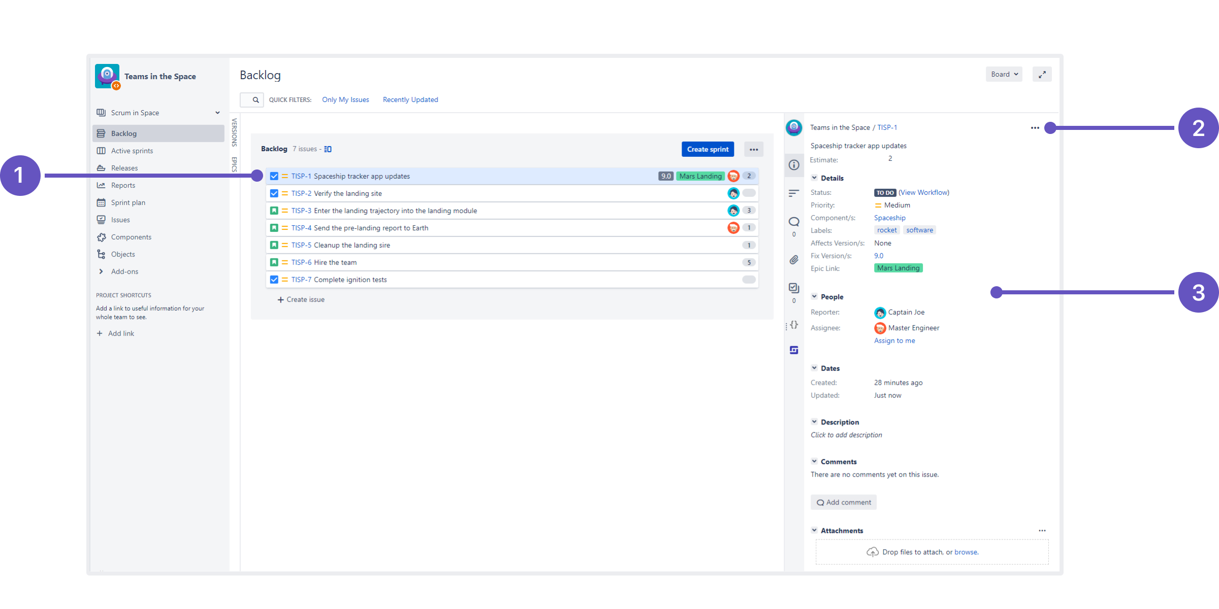 Issue view in Scrum project backlog