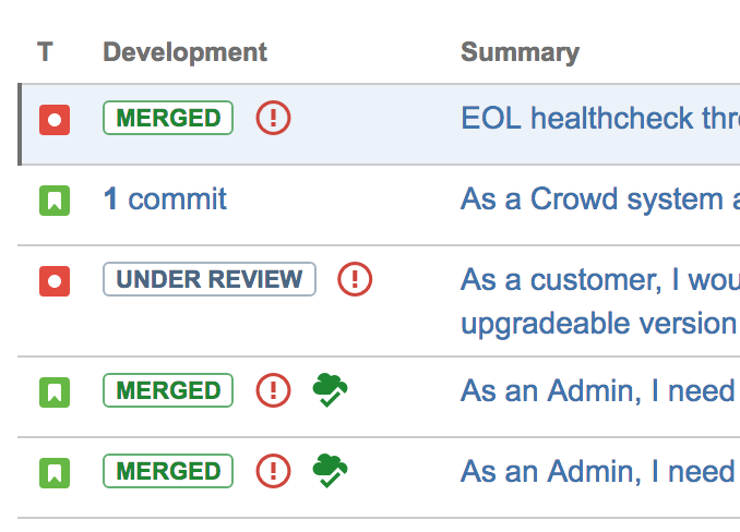 Development column on the list of issues.