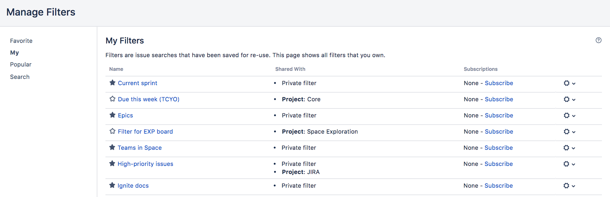 Manage filters page, with a list of saved filters.