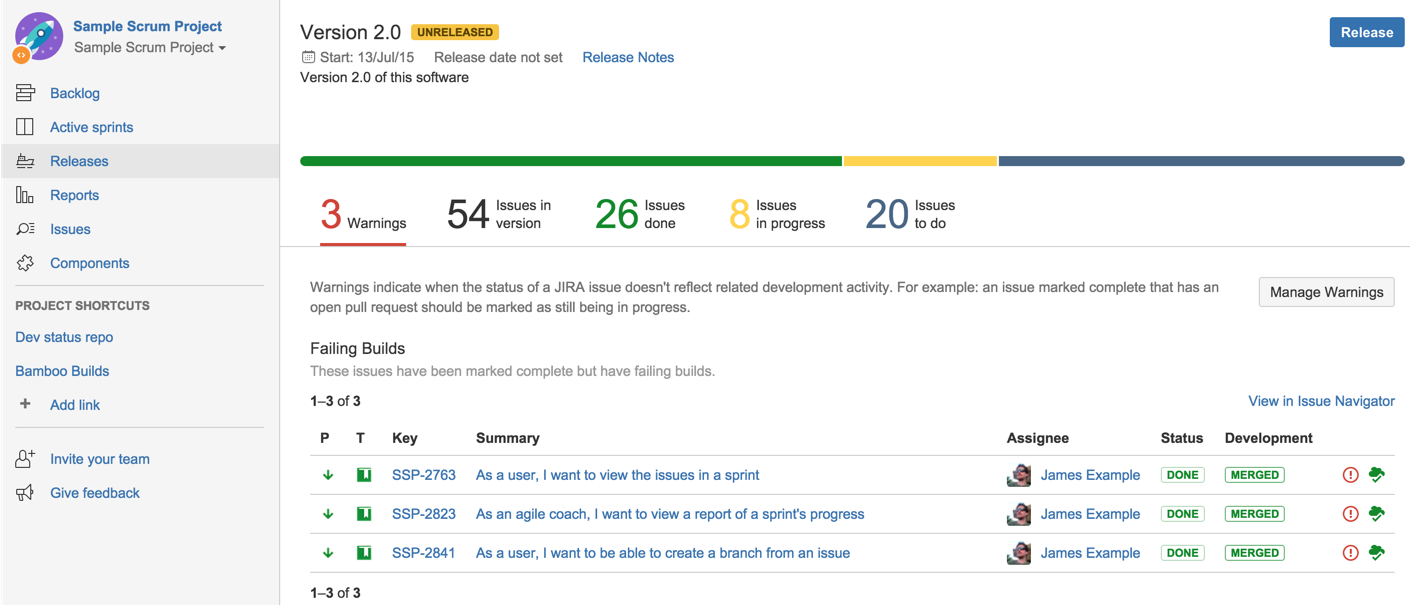 Development info (Failing builds) as seen on the Releases page.