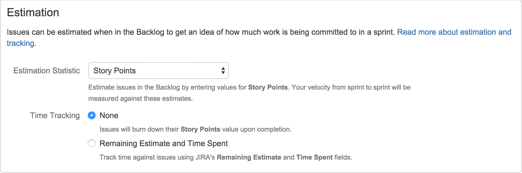 Estimation section. Estimation Statistic is set to Story Points, and Time Tracking to None.