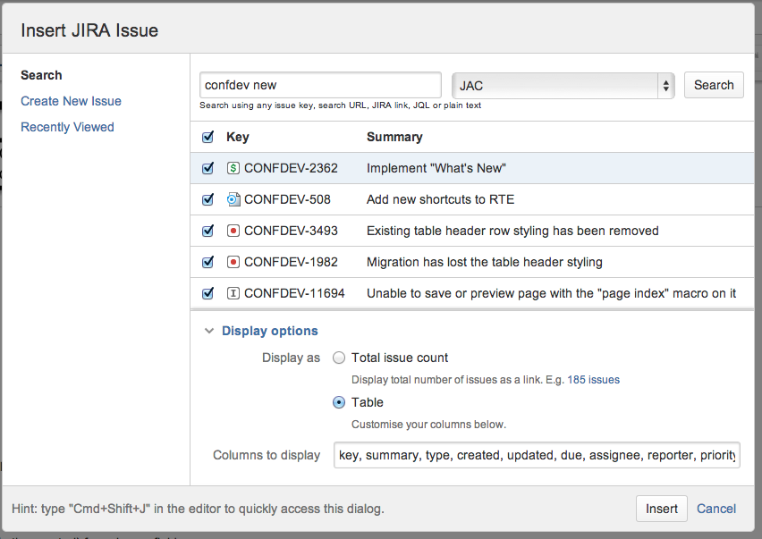 Insert Jira issue macro in Confluence.