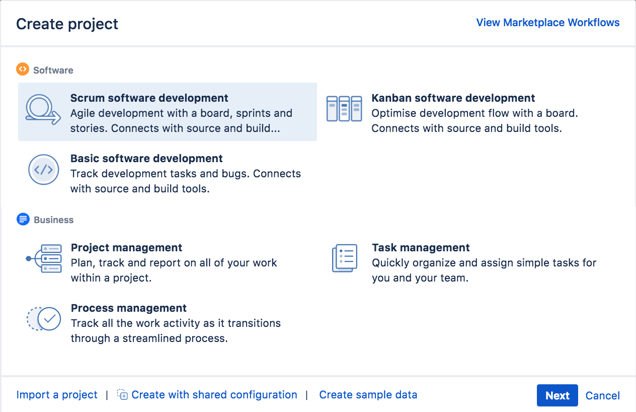 Create a project dialog with Scrum software development project selected.