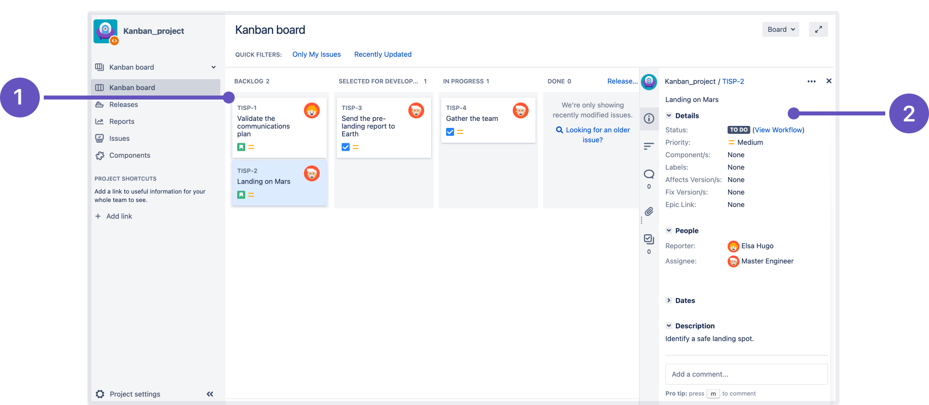 A Kanban board that contains the Backlog column with newly created issue