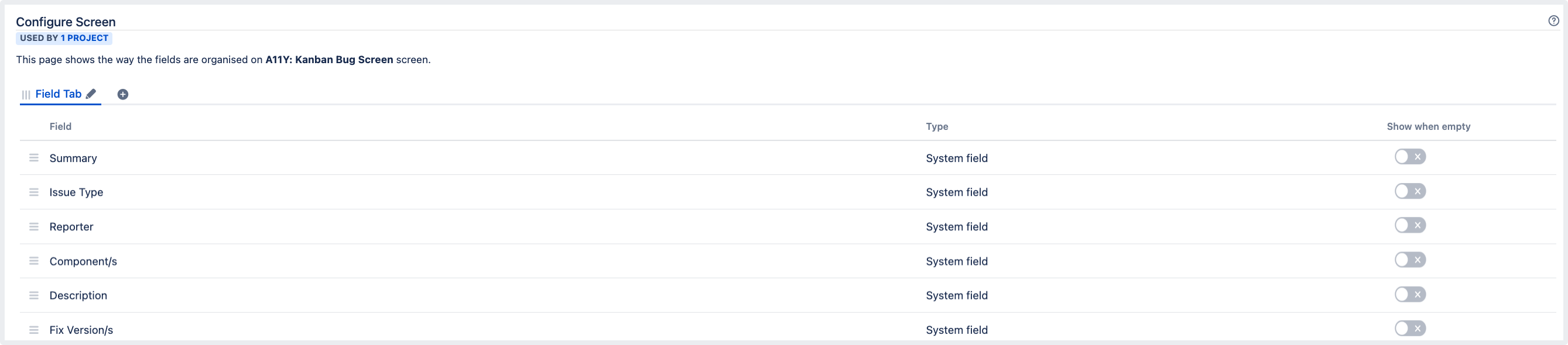 Configure screen page with the information that the current screen is used by one project