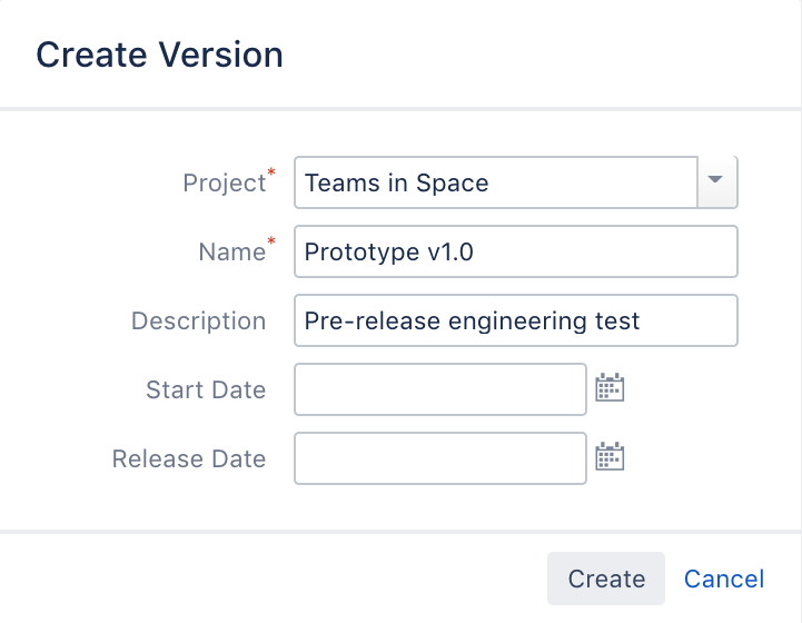 Teams in Space プロジェクトのバージョンの作成ダイアログ。バージョン名は Prototype v1.0 です。