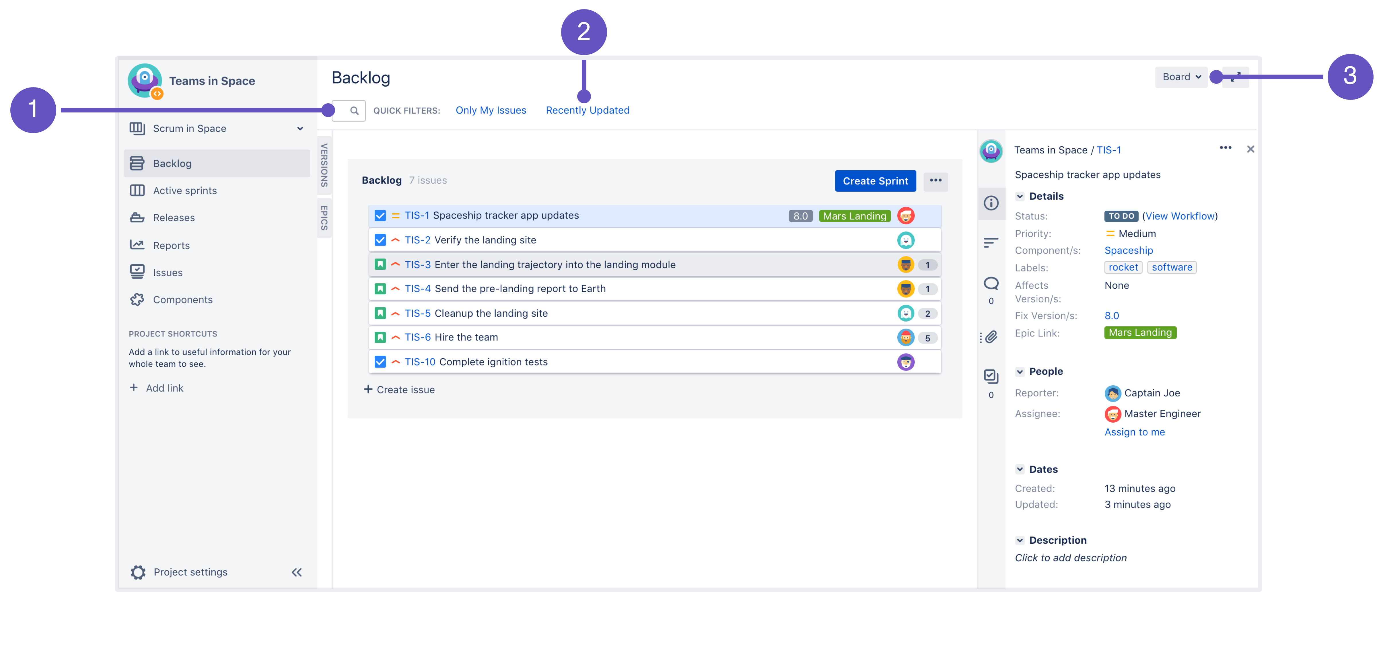 Scrum backlog. The top panel has annotations explained below the image.