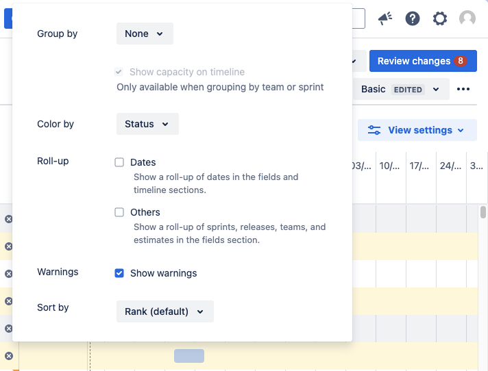 Advanced Roadmaps の表示設定モーダル