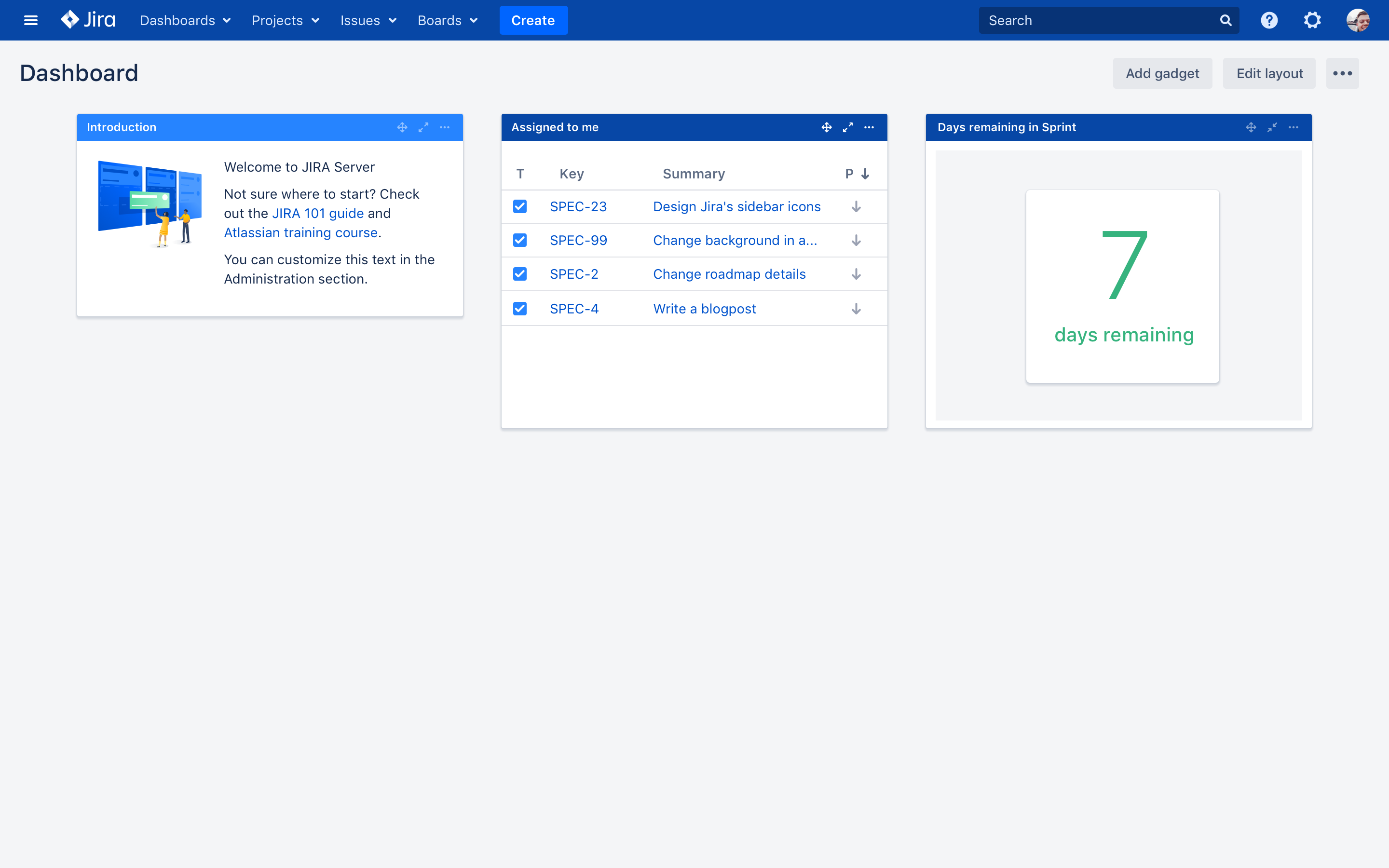 Jira dashboard with Assigned to me and Days remaining in Sprint gadgets.