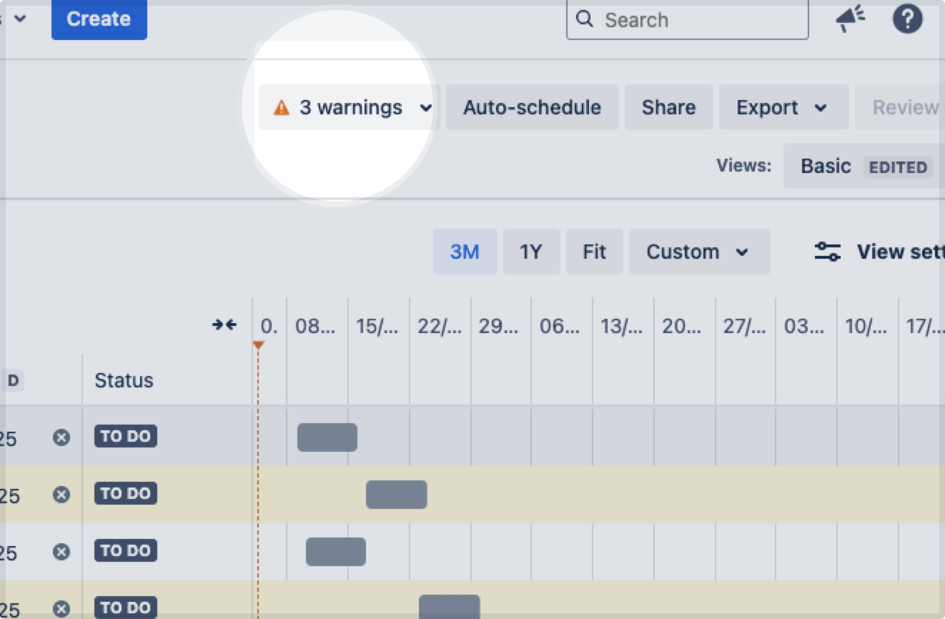 Warning center button in Advanced Roadmaps
