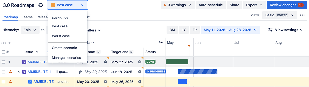 Scenarios view in Advanced Roadmaps
