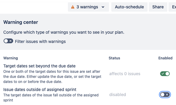 Disabled warnings in Warning center
