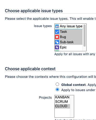 Issue types and contexts