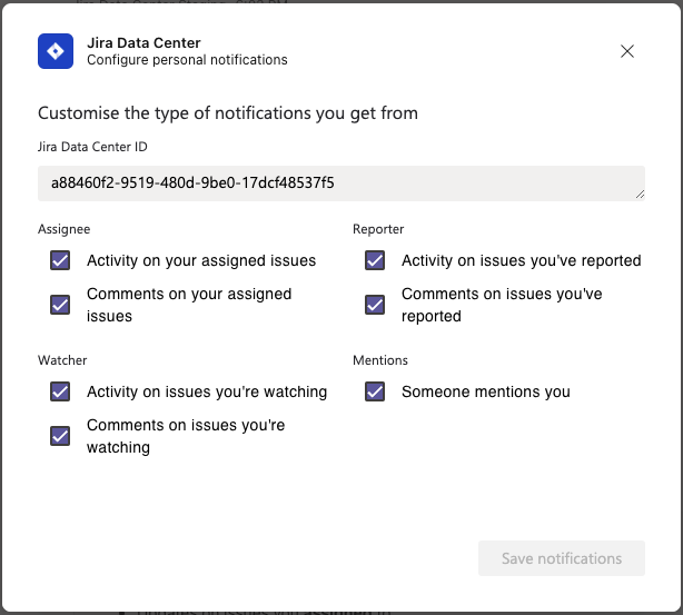 Notifications settings in Jira Data Center app in Teams