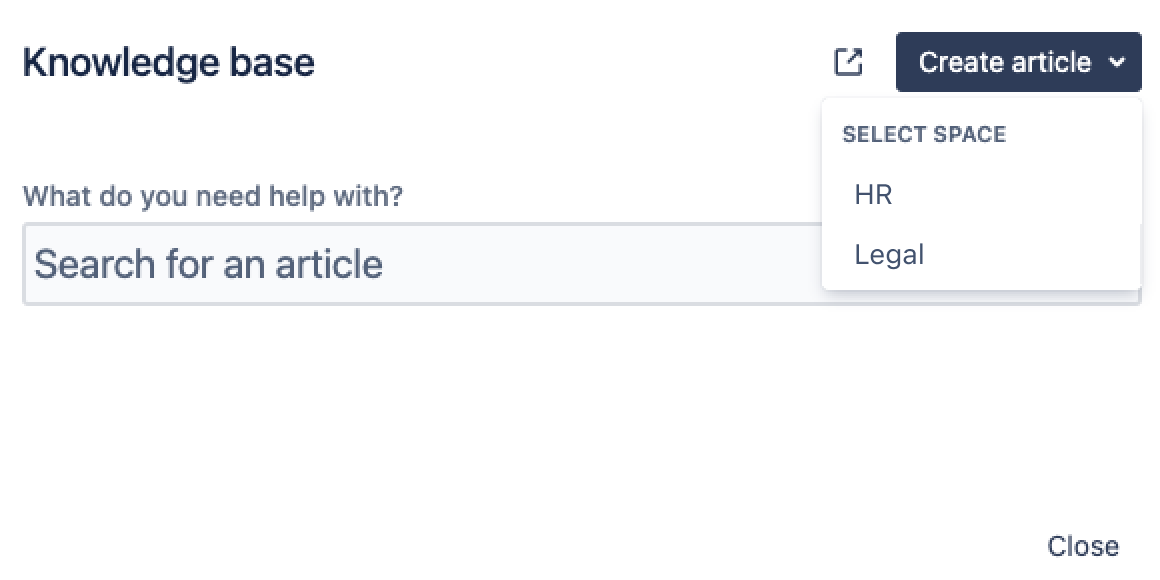 Knowledge base search dialog where you can choose a space before creating an article