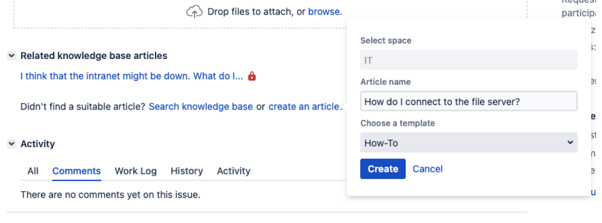 Create an article dialog in the Related knowledge base articles section