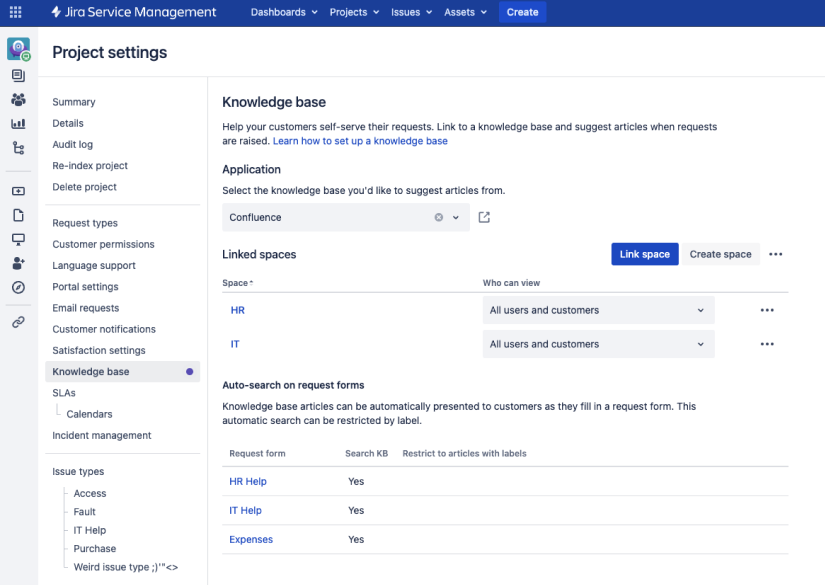 Knowledge base page in Project settings linked to multiple spaces