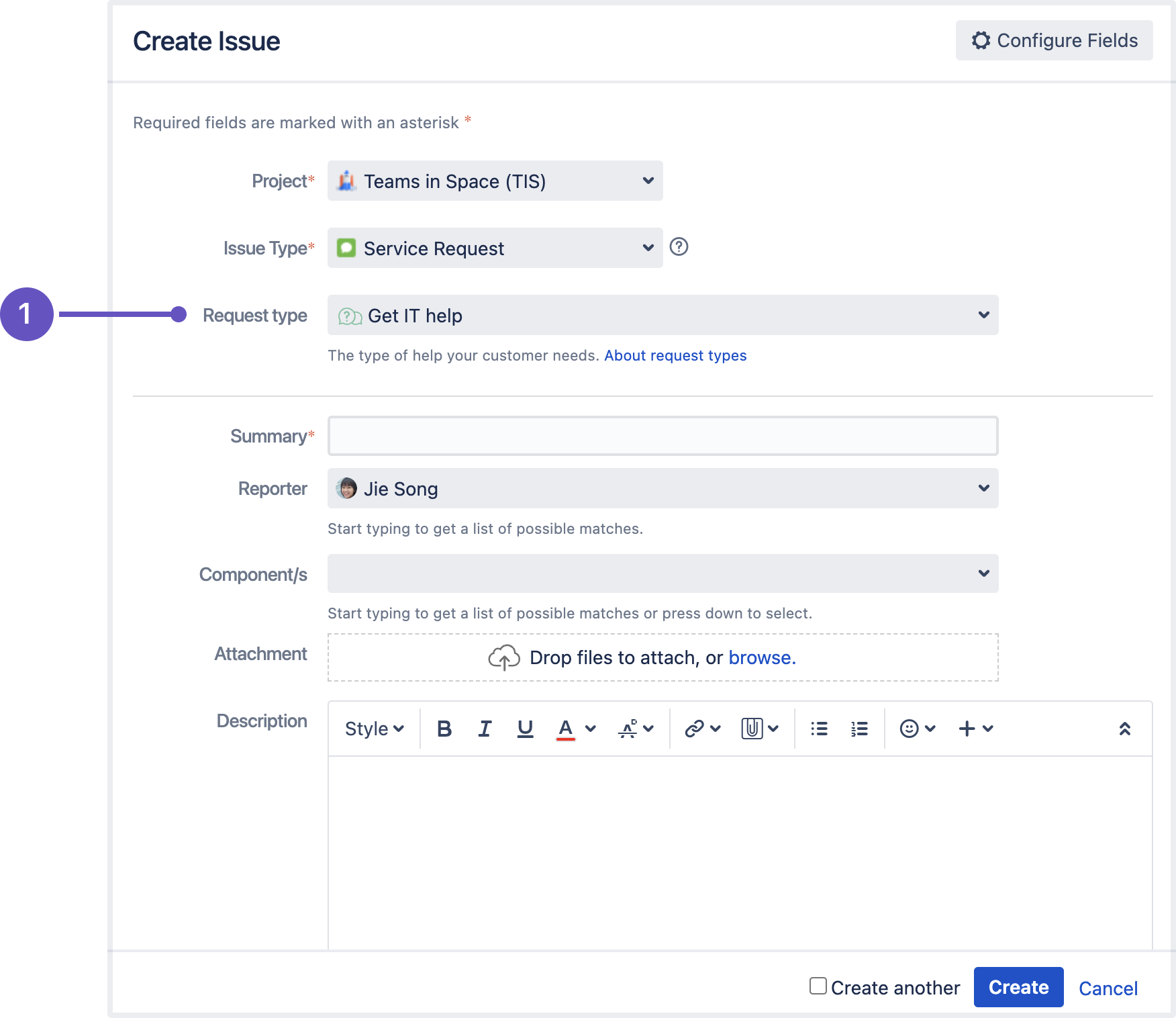 Request type field below the Issue type field on the Create issue screen