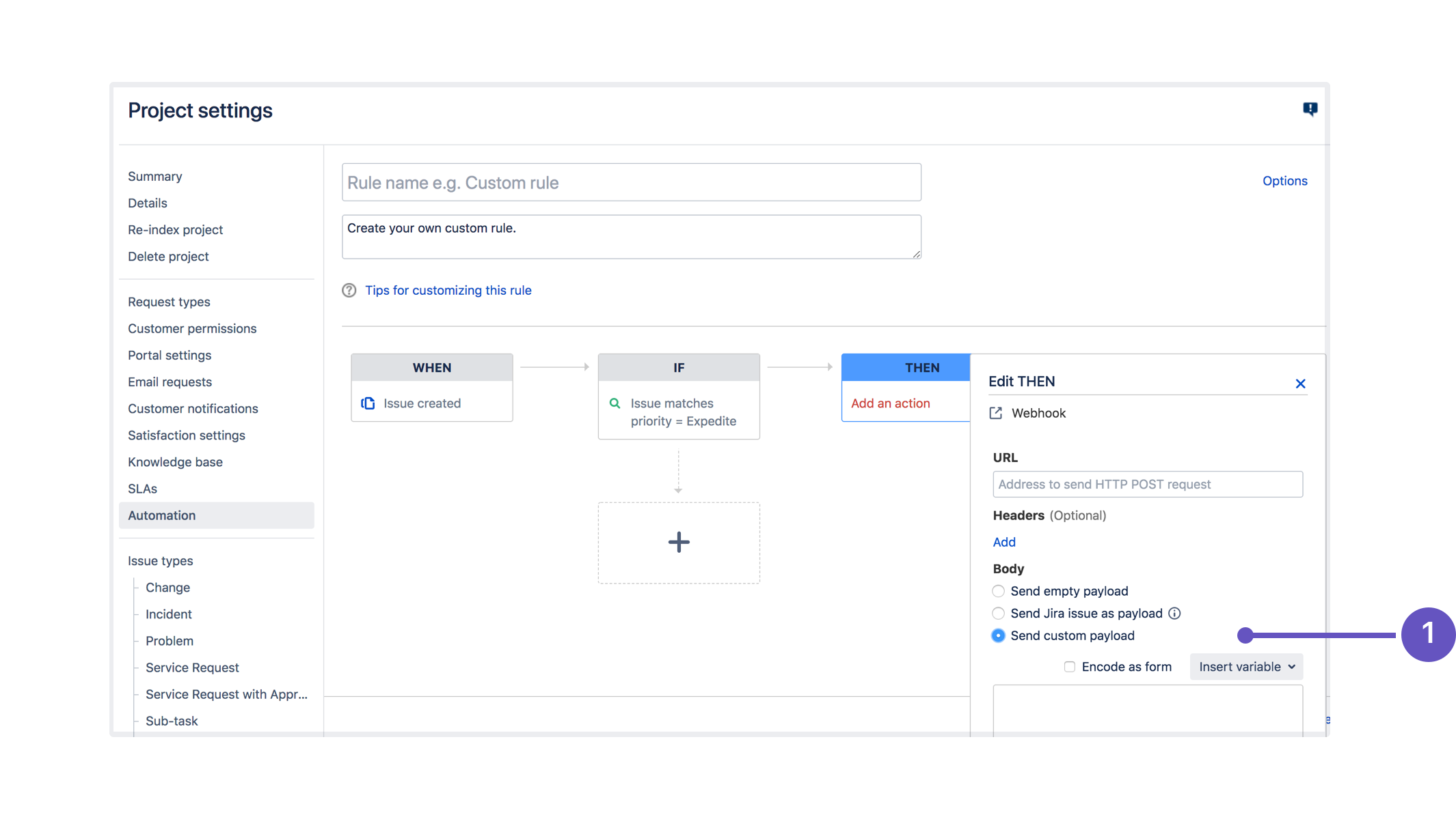 Image of an automation rule with an arrow pointing to the custom payload feature