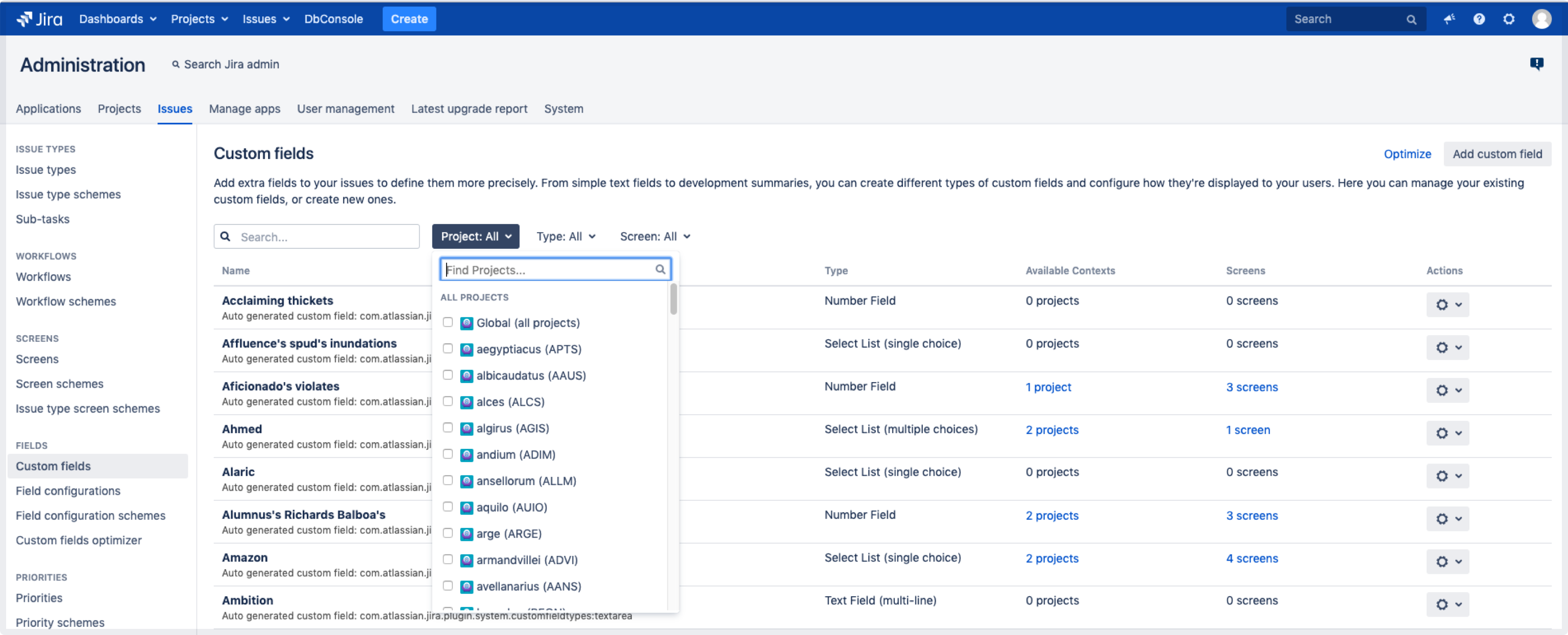 Custom field screen in Jira with search for custom fields by projects filter open