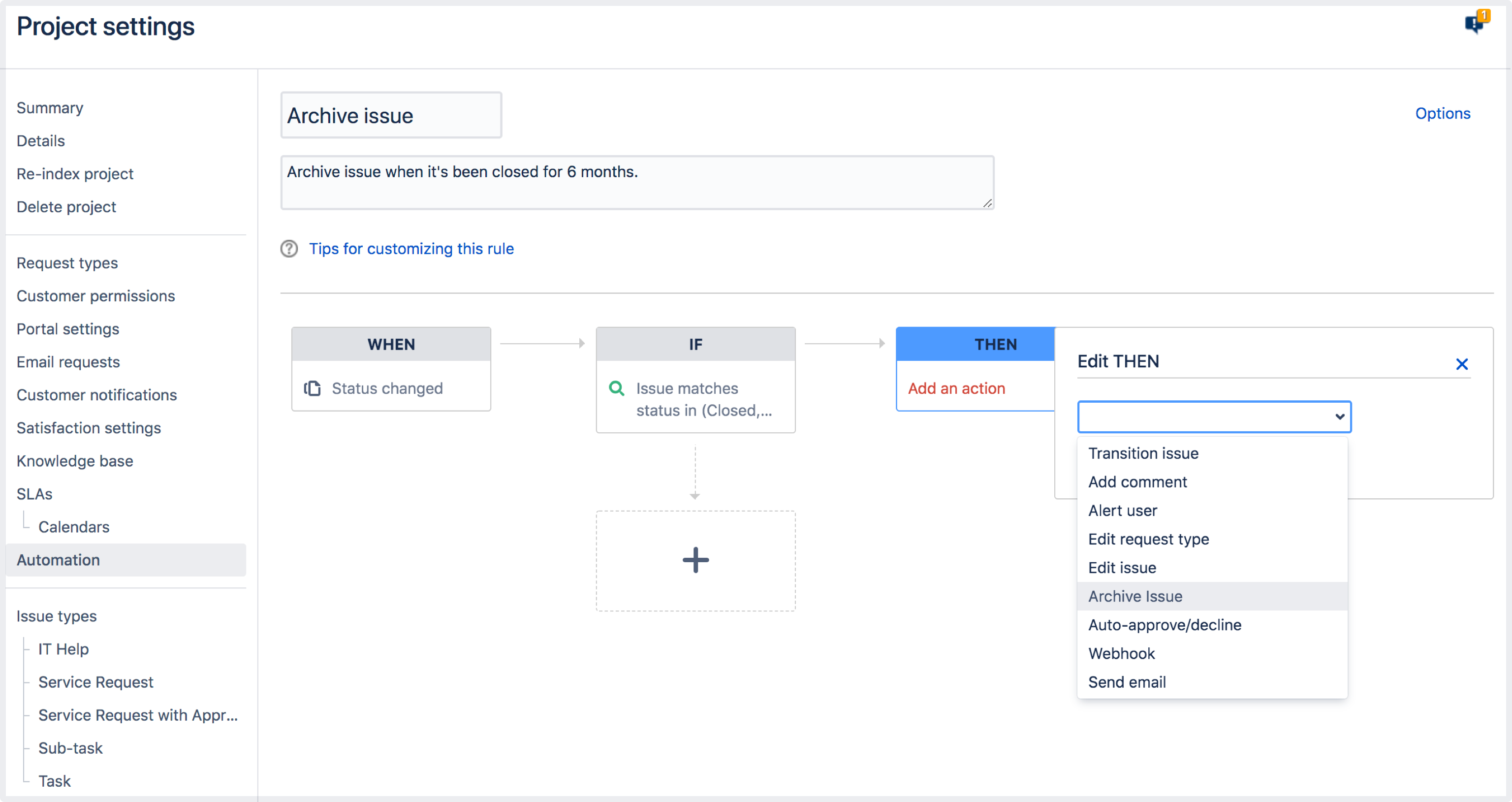 Automation screen showing Archive Issue option in THEN action