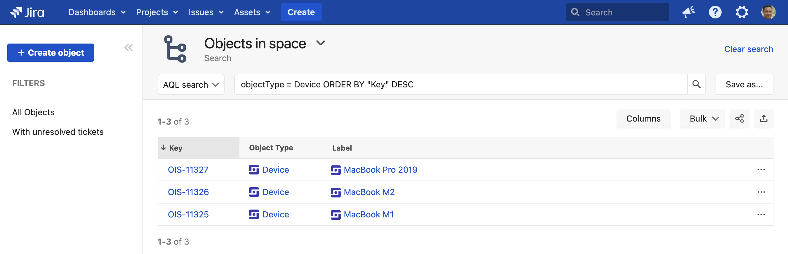 キーを基準に降順で並べ替えられている Objecttype デバイス