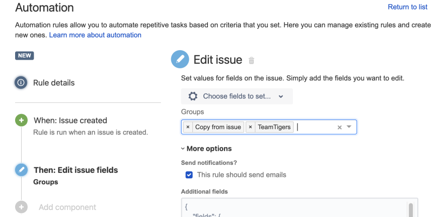 Edit issue automation rule with groups selected