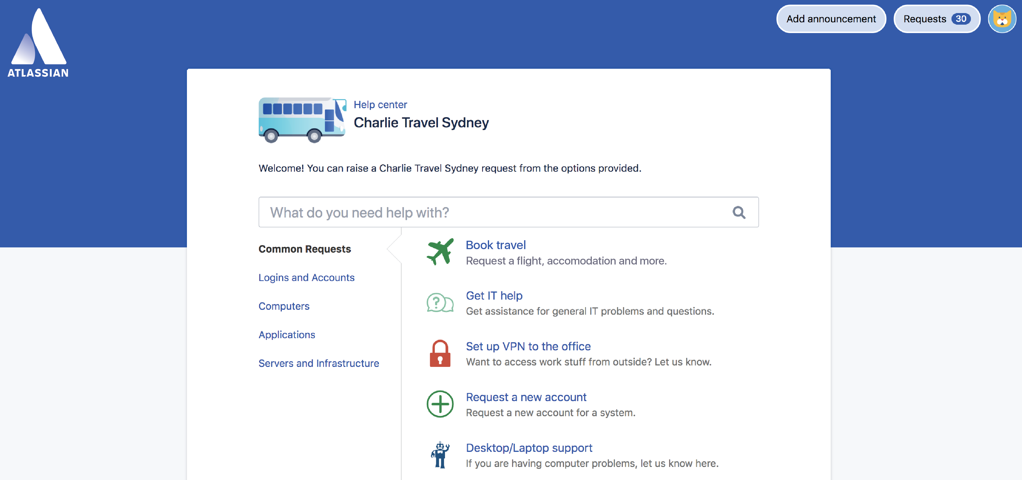 Customer portal of the Charlie Travel Sydney project.
