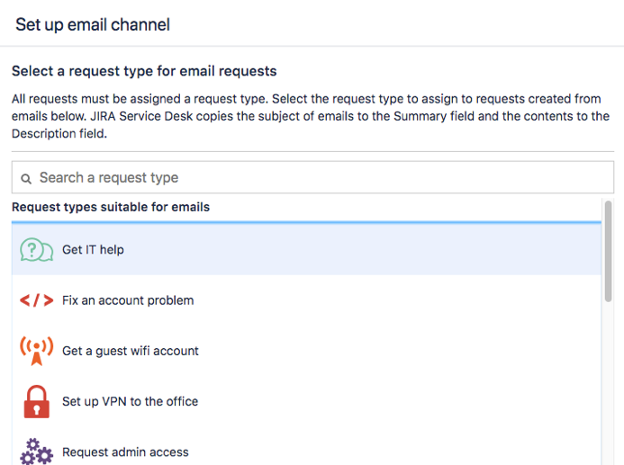 List of request types that you can assign to your email channel.