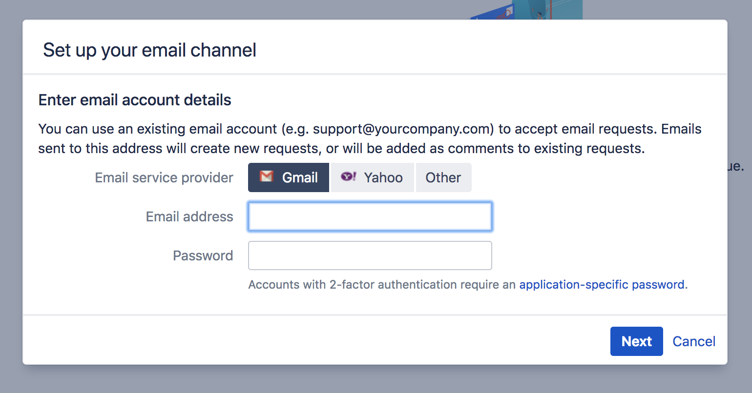 Set up your email channel page with empty fields for email service provider, email address, and password.