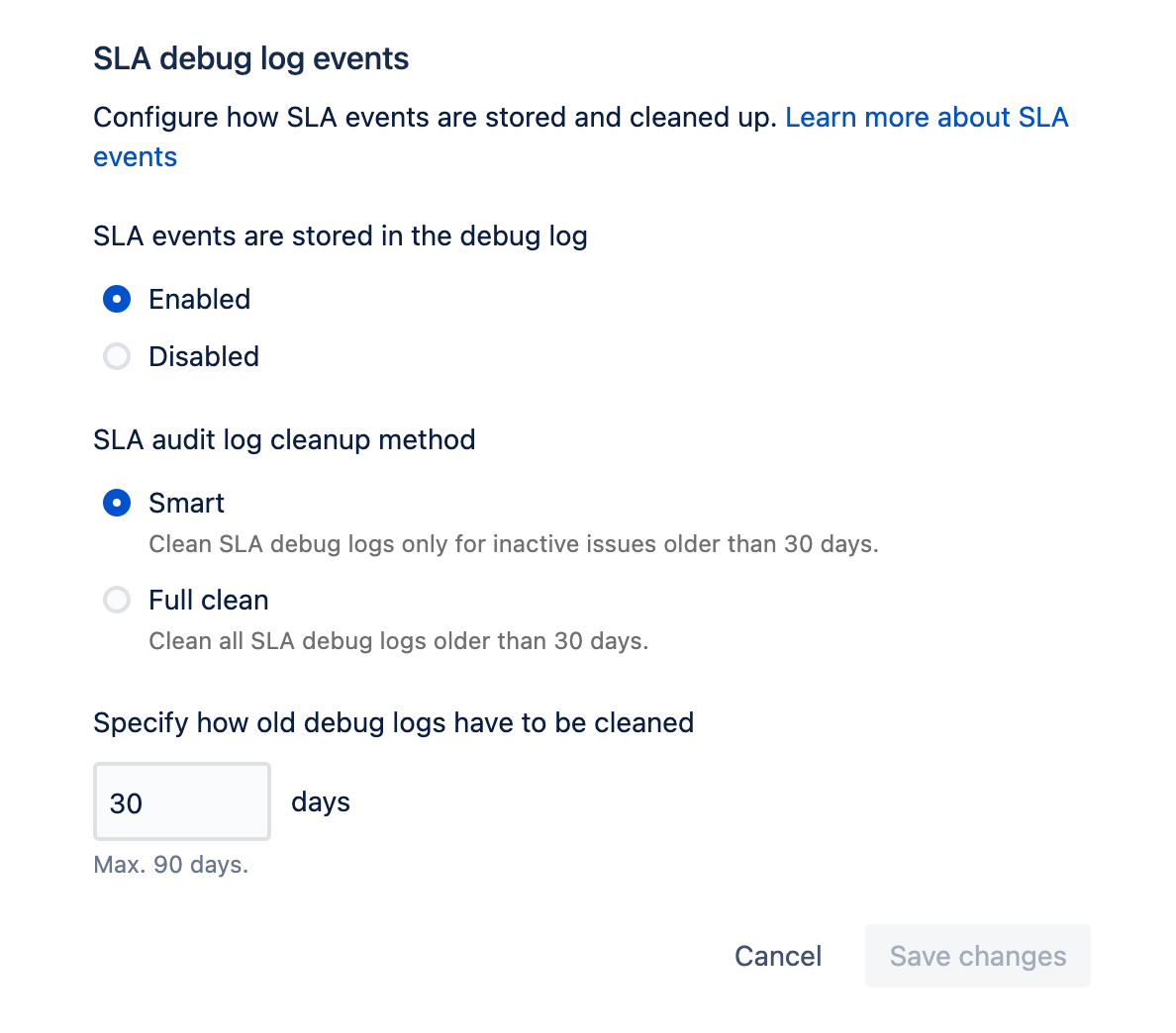 SLA debug log interface