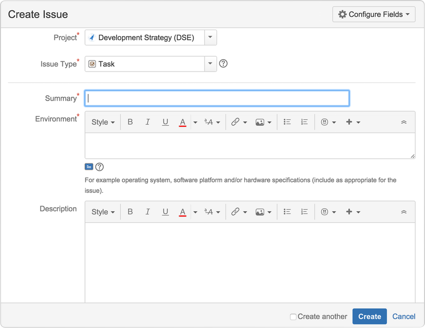 Create issue with with required fields on the top and optional fields hidden.