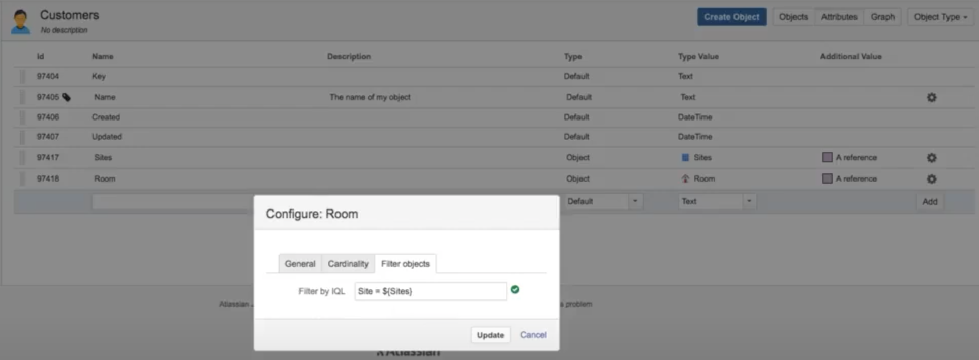 Filter by IQL set to reference sites in the configure room dialog