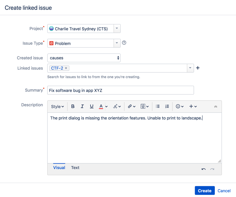 Create linked issue dialog box.