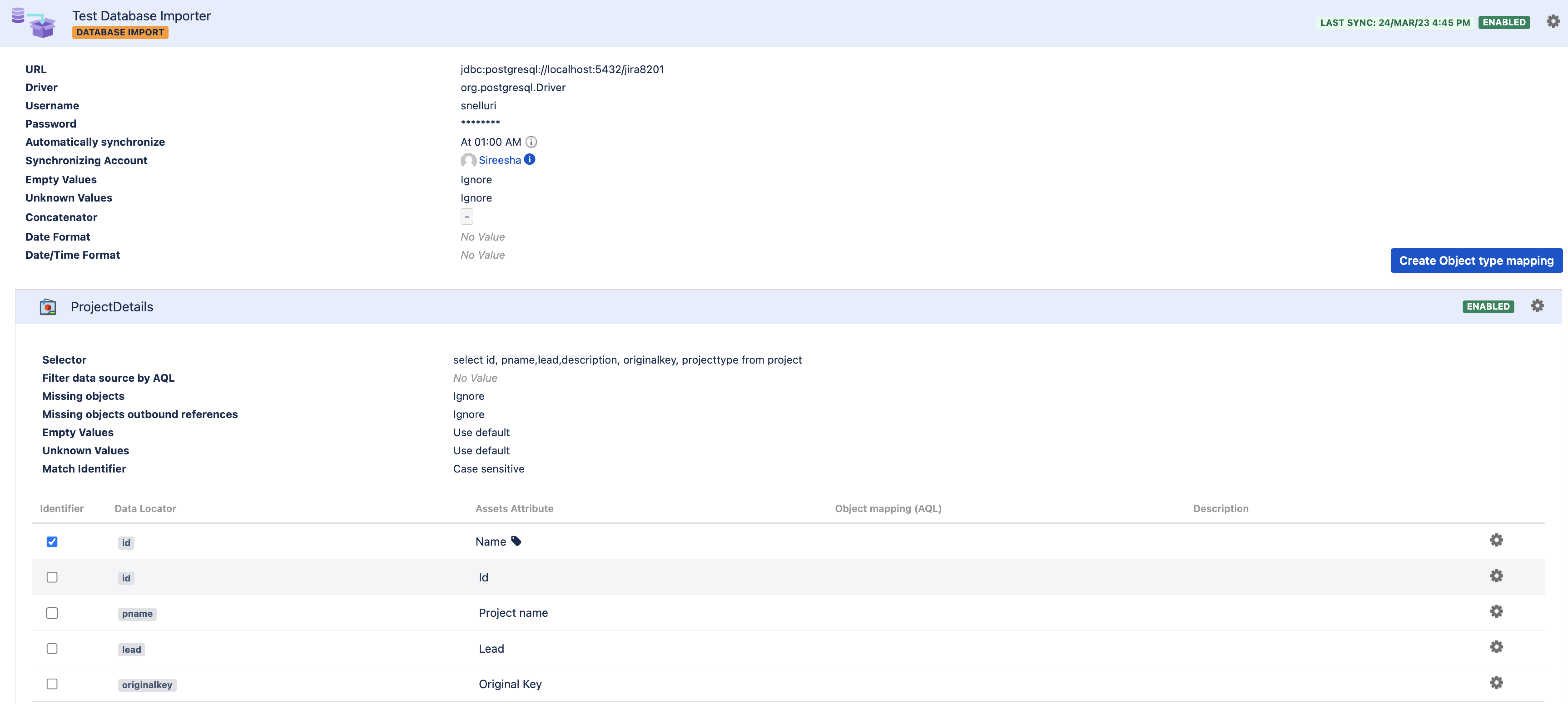 Example of created object type mapping