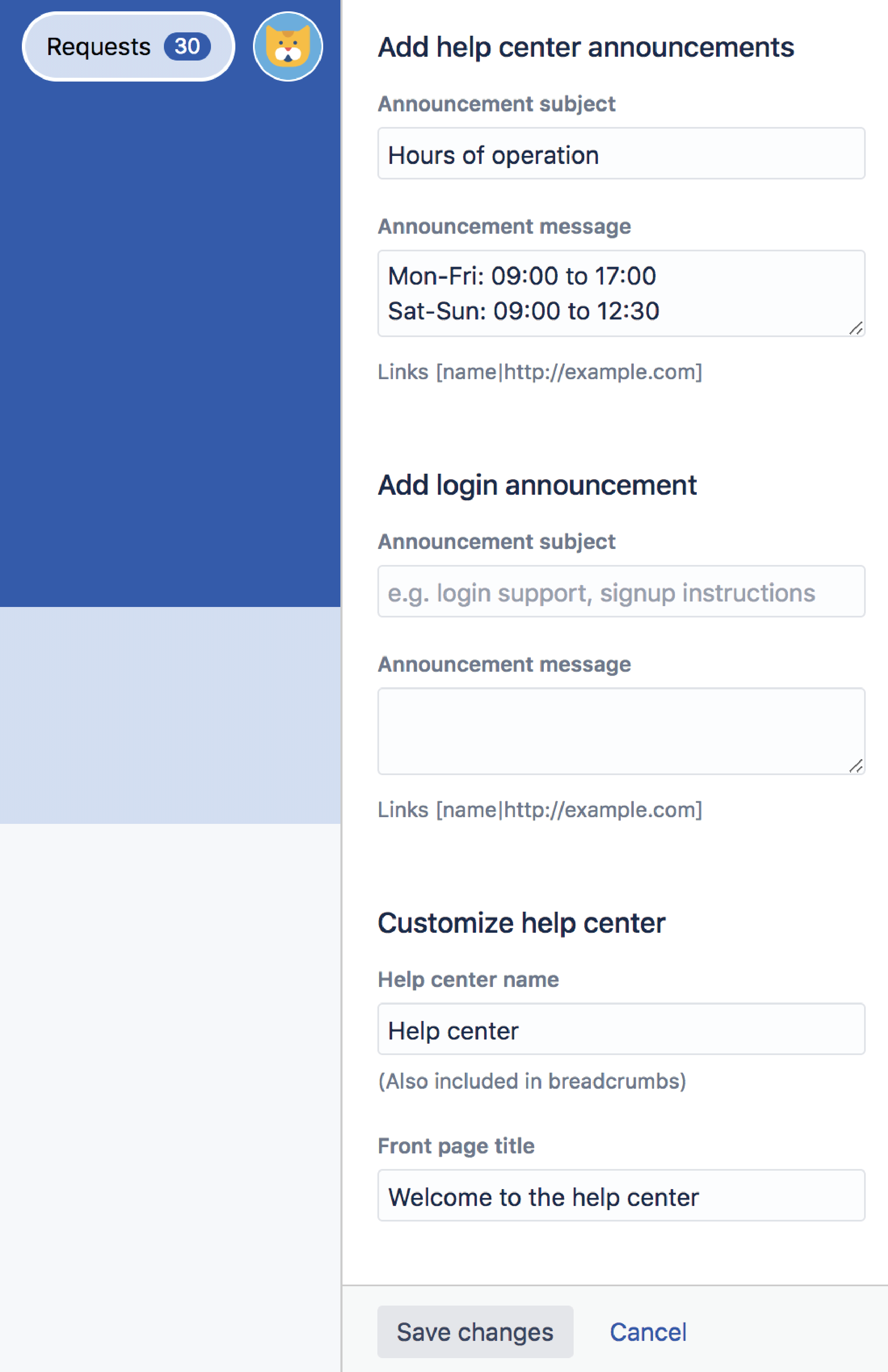 Customize panel of the help center, with sections Add help center announcements, Add login announcement, and Customize help center.